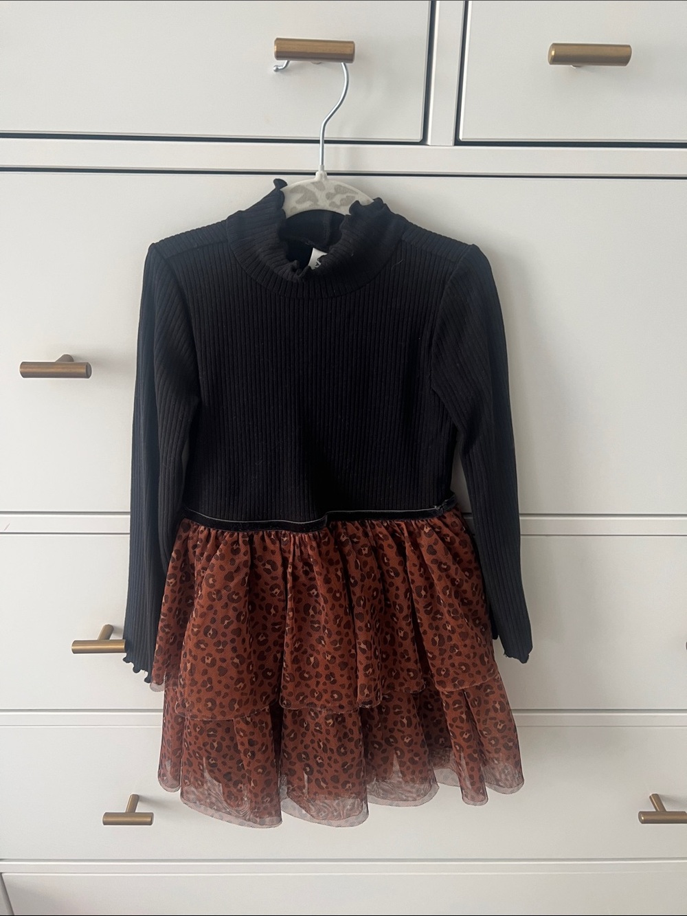 Janie and Jack Black Ribbed Top with Leopard Tiered Skirt